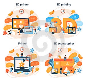 3D Printing technology concept set. 3D printer equipment and engineer