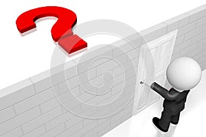 3D businessman opening the door, question mark