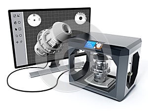 3D product design software and 3D printer. 3D illustration