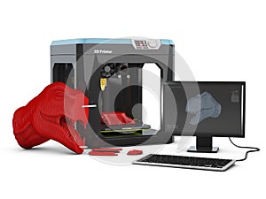 3D product design software and 3D printer. 3D illustration.