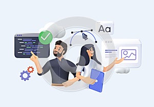 3D Programming Illustration Set. Different characters working on web and application development on computers. Software