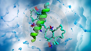 3D protein complex, molecular structure, detailed, realistic, light blue cloudy background