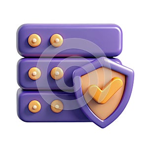 3d purple server stack with security shield isolated on white background