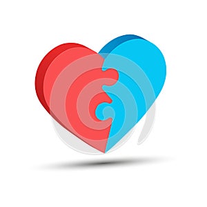 3d puzzle of the heart. The heart consists of two puzzle elements of red and blue color