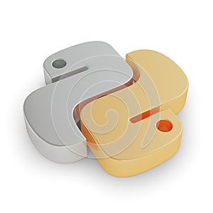 3d python logo on white background. Gold and silver materials. 3d rendering.