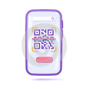3D QR code on smart phone screen. Scan to pay concept. 3D vector Illustration
