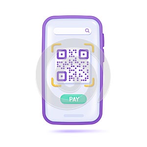 3D QR code on smart phone screen. Scan to pay concept. 3D vector Illustration