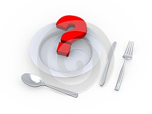 3d question mark in plate with fork, spoon and knife