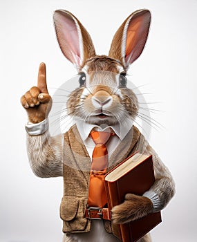 3d rabbit in a classic suit, with a book, isolated on a light background. photo