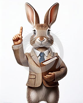 3d rabbit in a suit, with a book, isolated on a light background. photo
