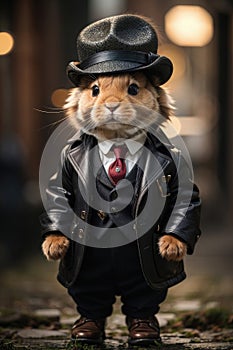 3d rabbit wearing a hat and leather jacket in the city. Peaky blinder style photo