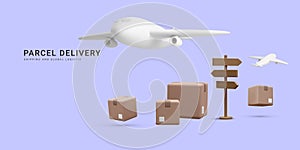 3d realistic banner for air shipping and global logistic. Concept for fast parcel delivery service. Vector illustration