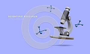 3d realistic banner with microscope, molecules isolated on blue background. Medicine, biology, chemistry and science concept in