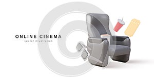 3d realistic cinema seat with comfortable armrests, tickets, drink, popcorn and glasses. Vector illustration