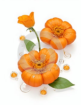 3D Realistic close-up of a pumpkin and some orange flowers in water splash, capturing the beauty of nature in the fall.