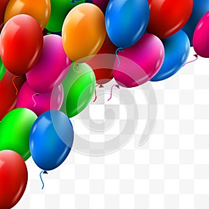3d Realistic Colorful Bunch of Birthday Balloons Flying for Party and Celebrations. Transparent background.