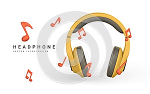 3d realistic colour headphone with music note for music concept design in plastic cartoon style. Vector illustration