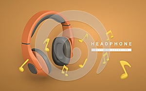 3d realistic colour headphone with music note for music concept design in plastic cartoon style. Vector illustration