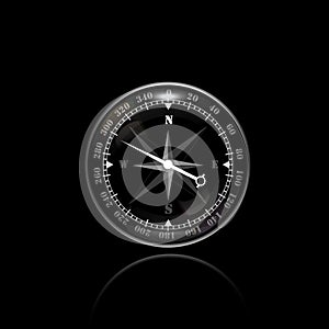 3D realistic compass, round with chrome rim. Vector illustration on black background