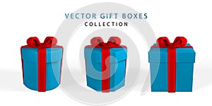 3D realistic gift box with red bow. Paper box with ribbon, shadow and confetti isolated on white background. Vector illustration
