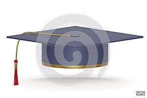 3D realistic Graduation university or college dark blue cap isolated on white background. Graduate college, high school, Academic