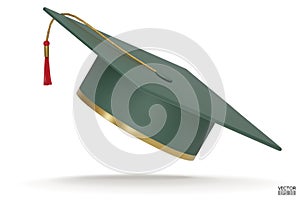 3D realistic green Graduation university or college cap isolated on white background. Graduate college, high school, Academic.