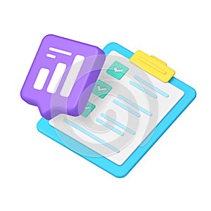 3d Realistic Icon Of Bright Task List With Blue Bubble And Data Analysis Chart For Business Apps