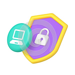 3d Realistic Icon Shield With Lock And Computer For Cyber Security Protection