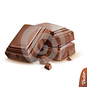 3d realistic isolated vector icon, three pieces of milk or dark chocolate with crumbs