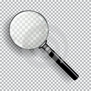 3D Realistic Magnifying Glass. Transparent loupe on plaid black white background. photo