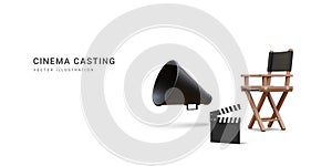 3d realistic movie industry concept. Cinema production casting design concept. Director chair, clapperboard and megaphone on light photo