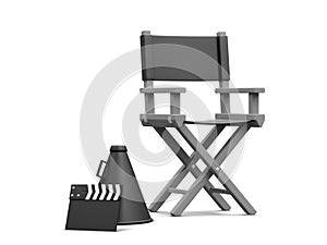 3d realistic movie industry concept. Cinema production design concept. Director chair, clapperboard and megaphone on light photo