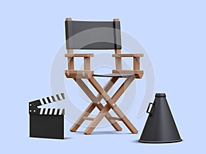 3d realistic movie industry concept. Cinema production design concept. Director chair, clapperboard and megaphone on light photo