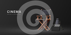 3d realistic movie industry concept. Cinema production design concept. Director chair, clapperboard and megaphone in volumetric photo