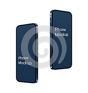 3d Realistic phone mockup, flying up blue mobile device scene with empty screen. Frame less modern smartphones set for