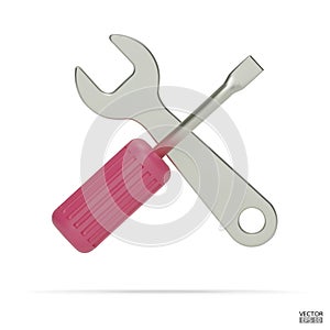 3d realistic pink wrench and screwdriver icon set isolated on white background.