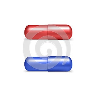 3D realistic red and blue medical pill icons. Choice concept in matrix style. Medical and healthcare object photo