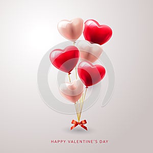 3D Realistic Red Heart air Balloons Flying with Love Pattern and Happy Valentines Day Text Greetings in Background