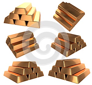 Pile bronz or copper bars. Isolated on white background. photo