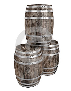 Render of three old dark wood barrel. White background. Shadows. Clipping path