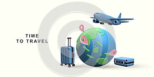 3d realistic tourism and travel concept,eath and location pin with airplane flying. Vector illustration photo