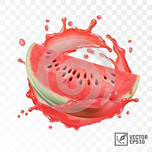 3d realistic transparent isolated vector, half of watermelon in a splash of juice with drops