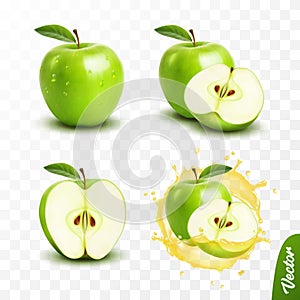 3d realistic transparent isolated vector set, whole and slice of apple, apple in a splash of juice with drops