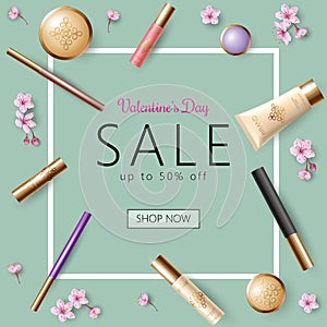 3D realistic Valentine Day sale banner template. Discount offer spring flower sakura pink petal cosmetic package mock up