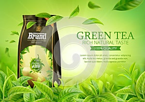 3d realistic vector horizontal banner, nature, tea plantation, green tea garden background with tea packaging and flying leaves
