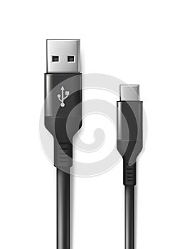3d realistic vector icon. Black USB cabel. Isolated on white background.