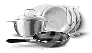 3d realistic icon illustration of kitchen dishes, pan and pot with a cover. Isolated on white background