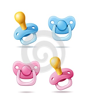 3d realistic vector icon illustration set. Pink and blue baby boy and girl pacifier in front and side view. isolated.