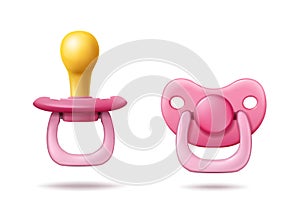 3d realistic vector icon illustration set. Pink cute baby girl pacifier in side and front view. Isolated on white.