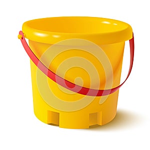 Realistic vector yellow kids bucket for sand play on the sea. Isolated on white background illustration icon.